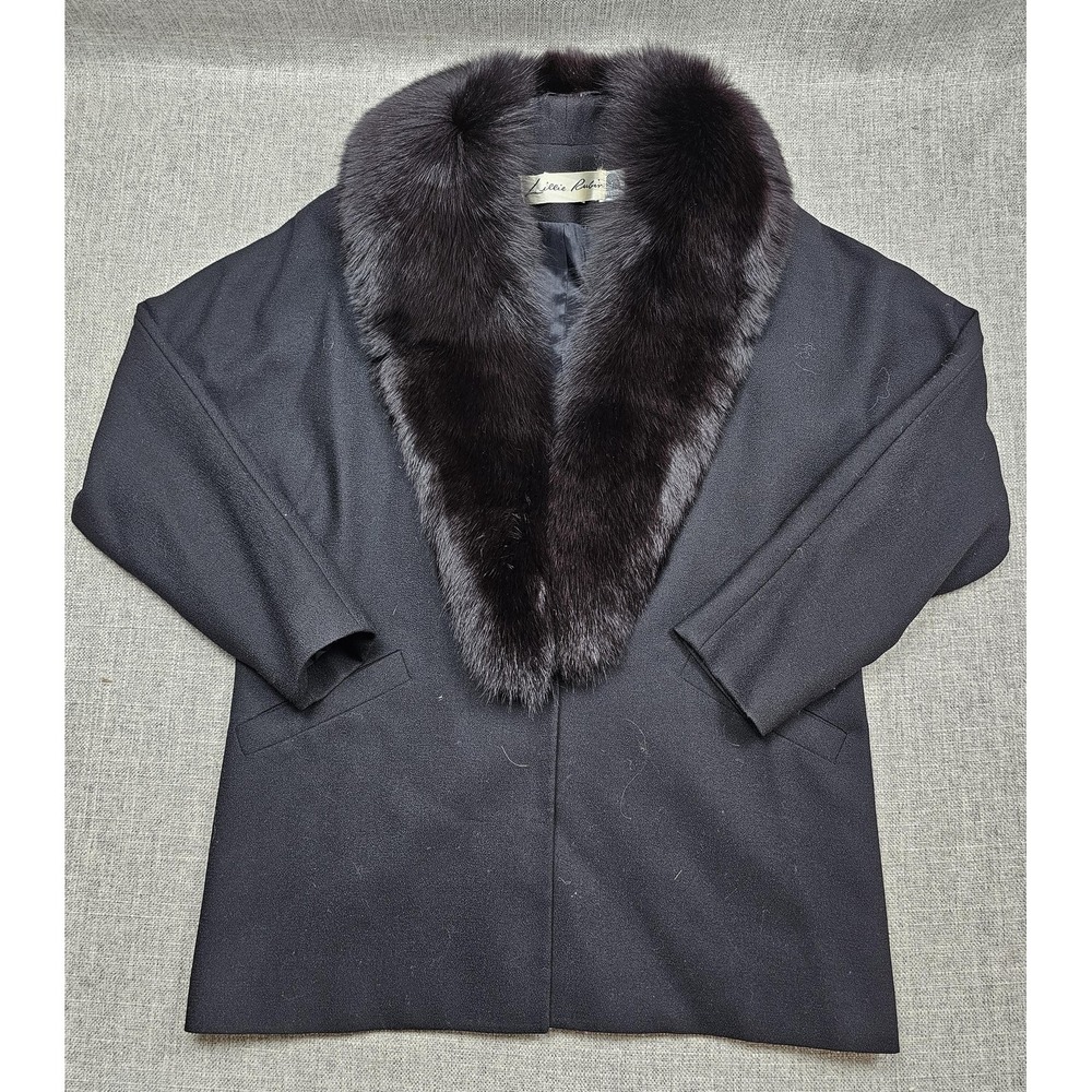 VINTAGE Lillie Rubin Coat Womens Medium Black Wool Fur Shawl Collar‎ Overcoat